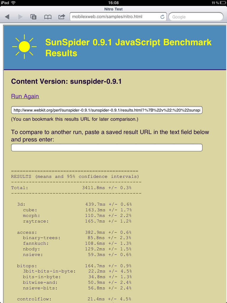 Sunspider-Benchmark in der Version von Maximiliano Firtman direkt im Browser auf einem iPad in iOS 4.3