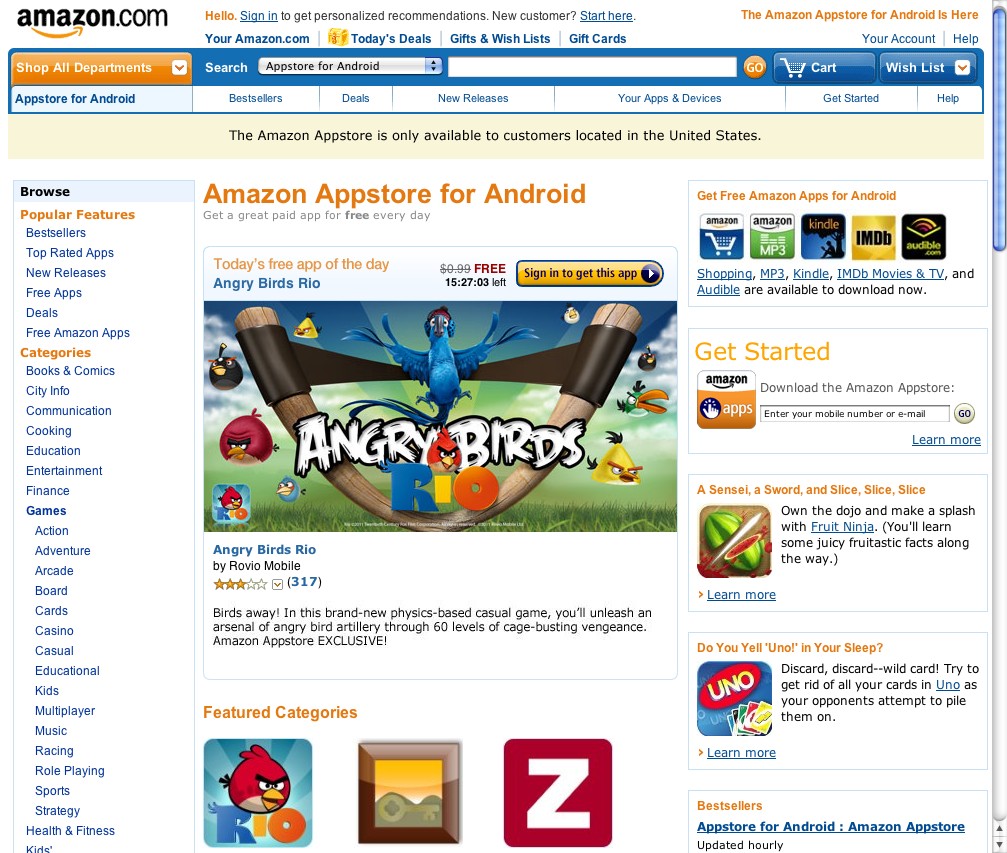 Amazon Appstore - auf Amazon.com mit Hinweis auf die regionale Beschränkung (Bild: Golem.de)