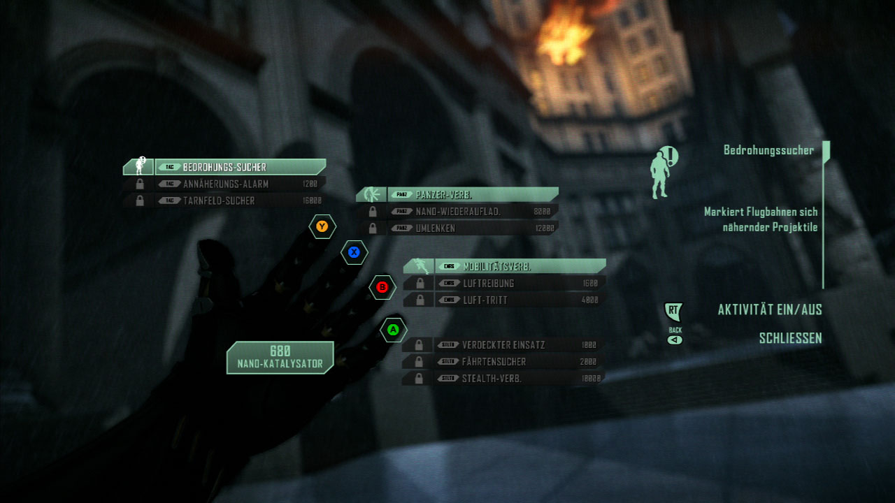 Im Menü kann der Spieler den Nano-Anzug konfigurieren.