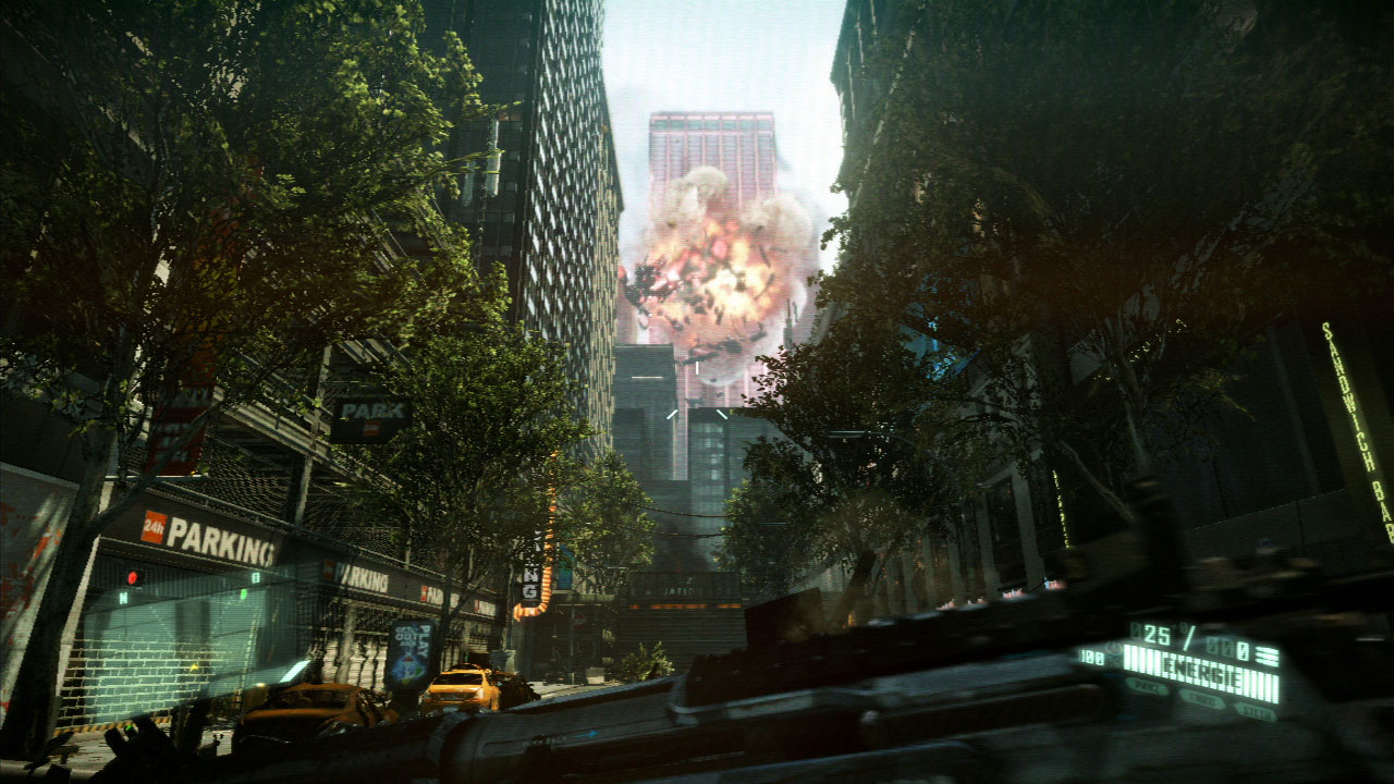 In Hintergrund bricht ein Hochhaus zusammen.