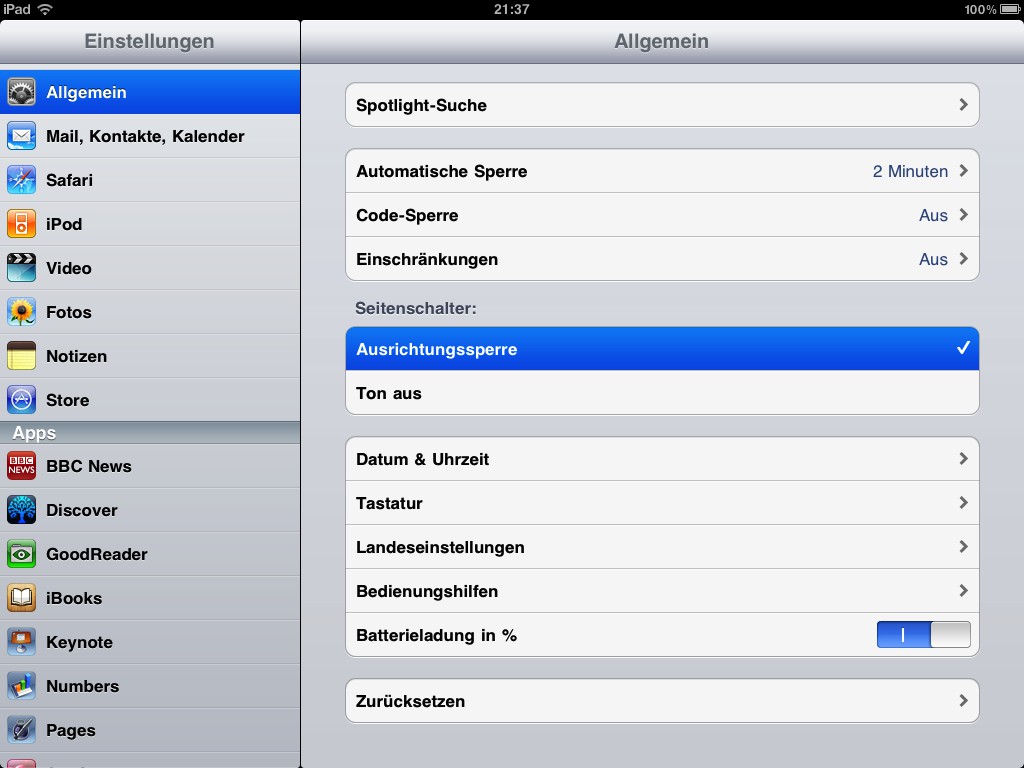 iPad: Einstellungen für den seitlichen Schiebeschalter