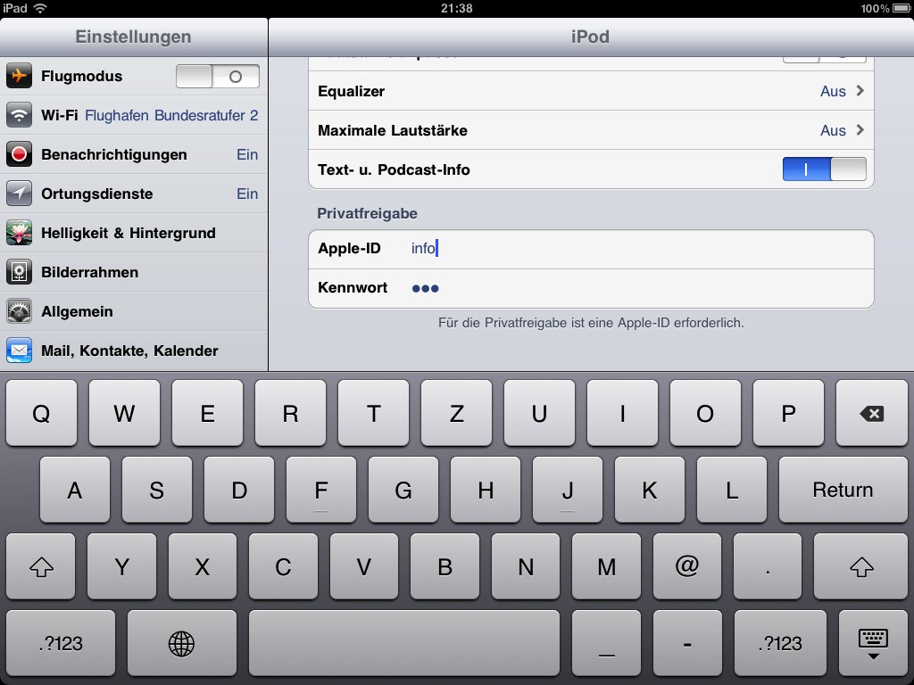 Privatfreigabe alias Home Sharing. Mit einer Apple-ID kann der Anwender auf die iTunes-Bibliothek eines Windows- oder Mac-Rechners zugreifen.