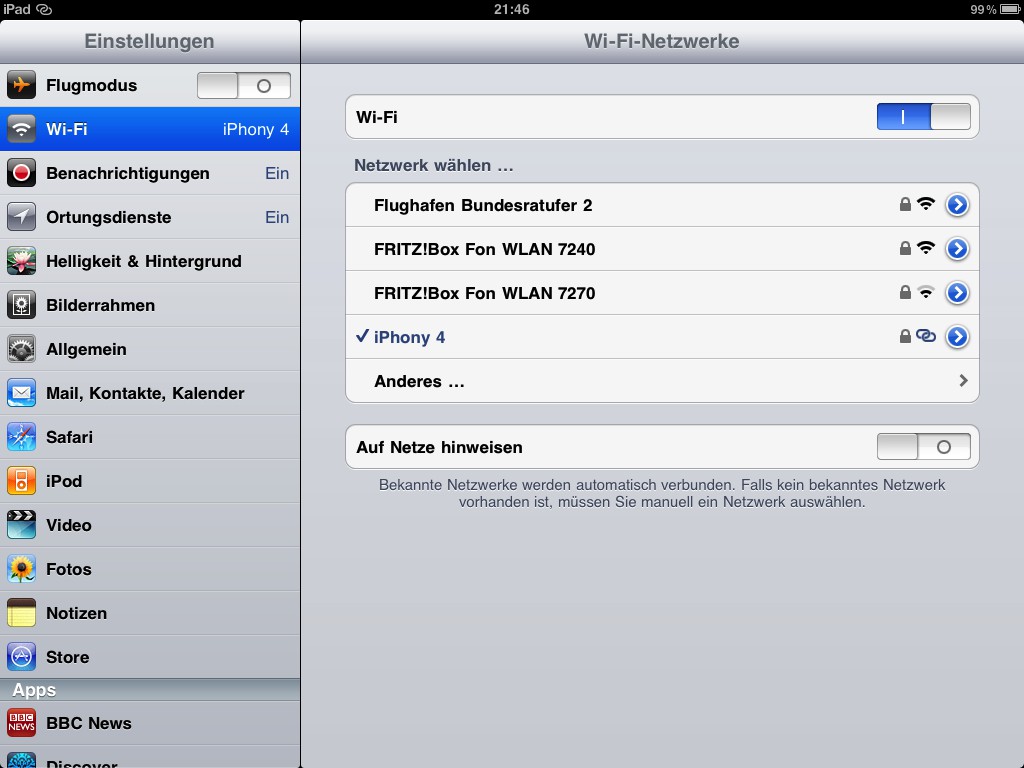 Verbindung mit einem iPhone, das als WLAN-Hotspot konfiguriert ist. Zu beachten ist das andere Symbol.