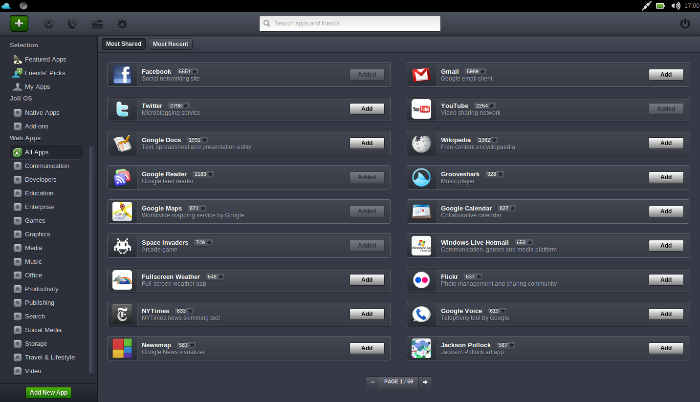 Die Apps-Sammlung von Jolicloud