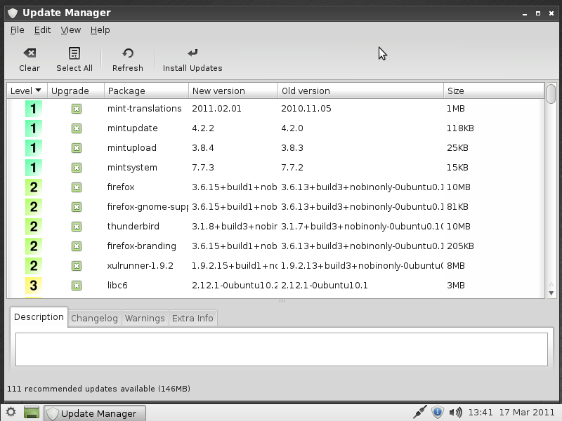Der Updatemanager mit Anzeige der Downloadgröße