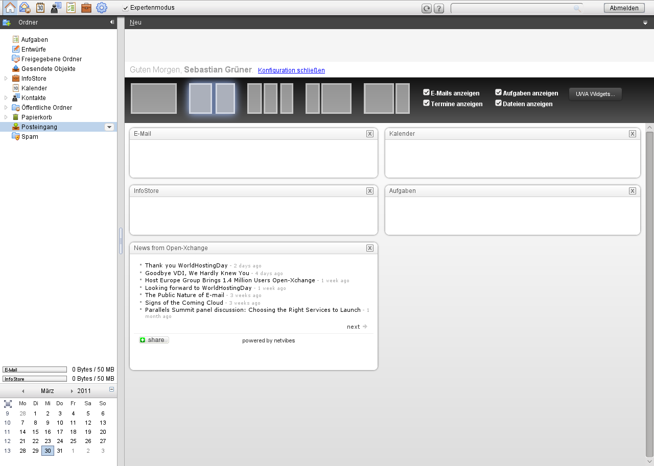 Die neue Startseite von Open-Xchange 6.20