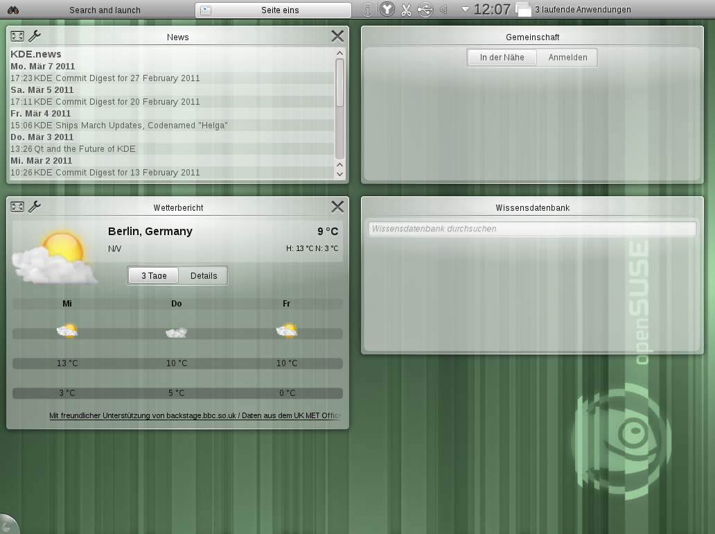 Der Applet-Bildschirm des Netbook-Desktops mit Wetterbericht und Feedreader