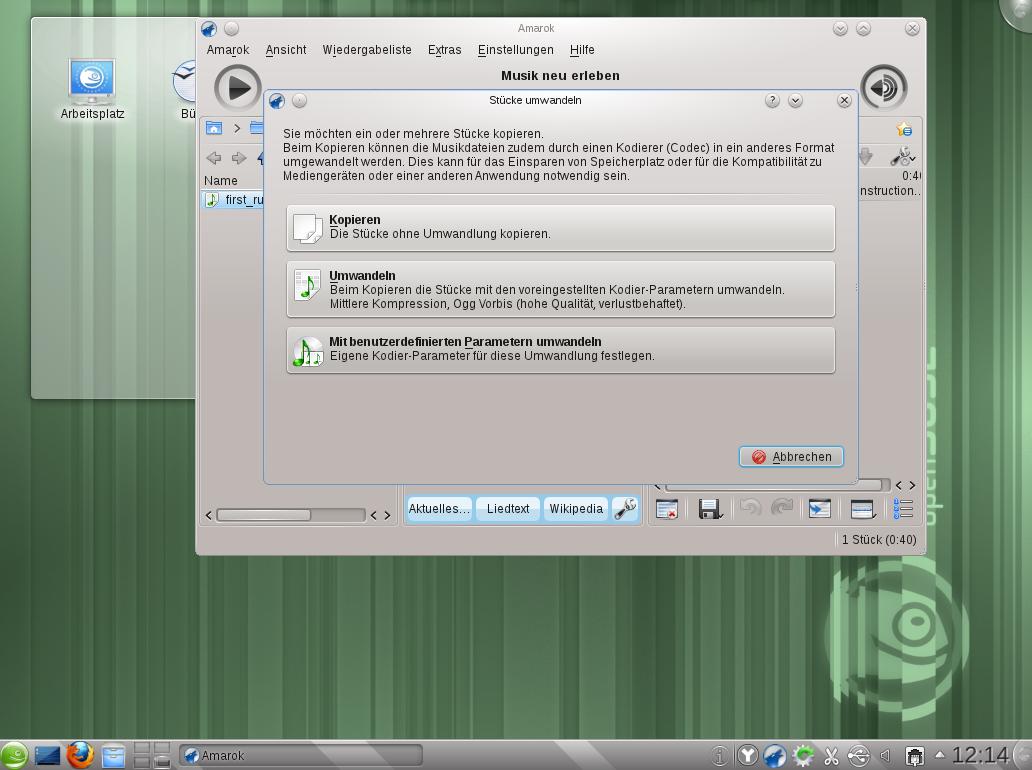 Dialogfenster zum Umwandeln von Dateien im Amarok