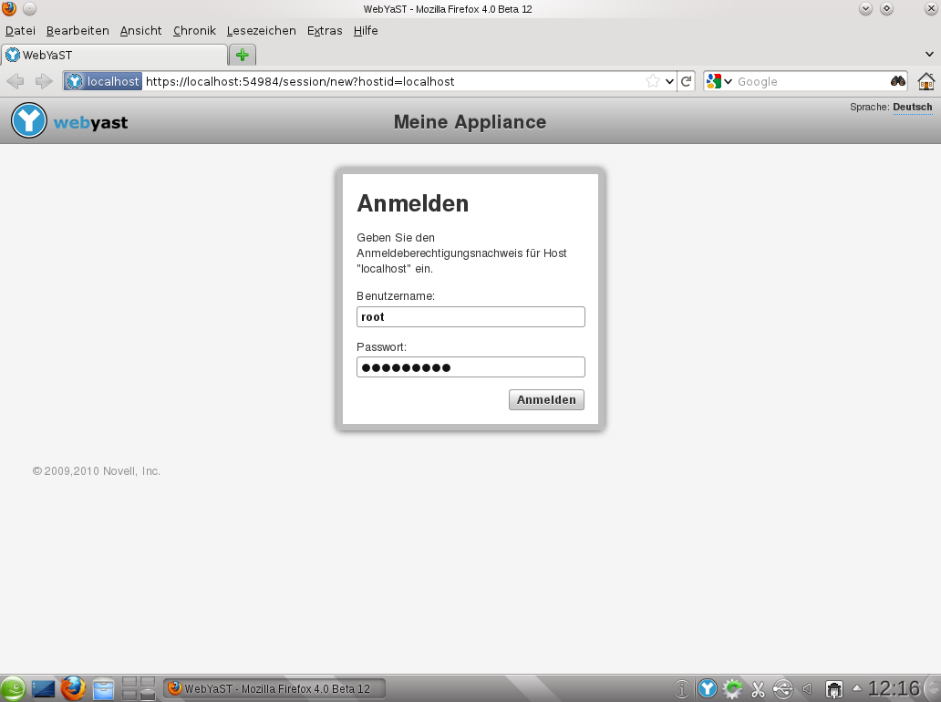 Anmeldemaske von Webyast im Firefox