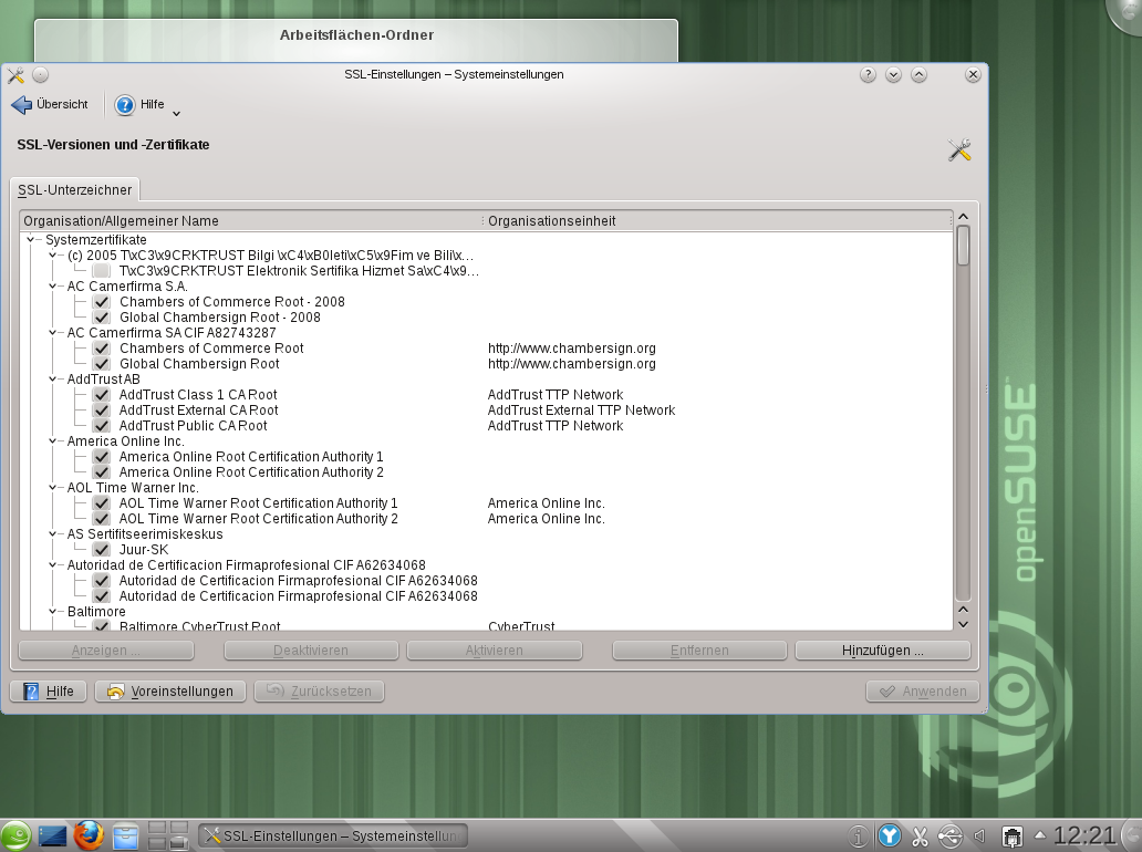 Einstellungsfenster der SSL-Zertifikate