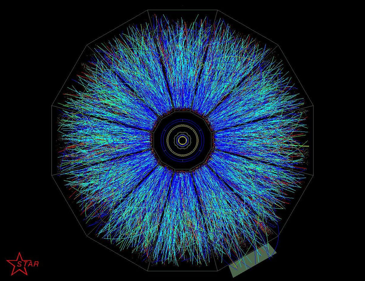 Kollision von Goldatomkernen im RHIC. Bei einer solchen Kollision konnten Wissenschaftler Antihelium-4 nachweisen. (Foto: BNL)