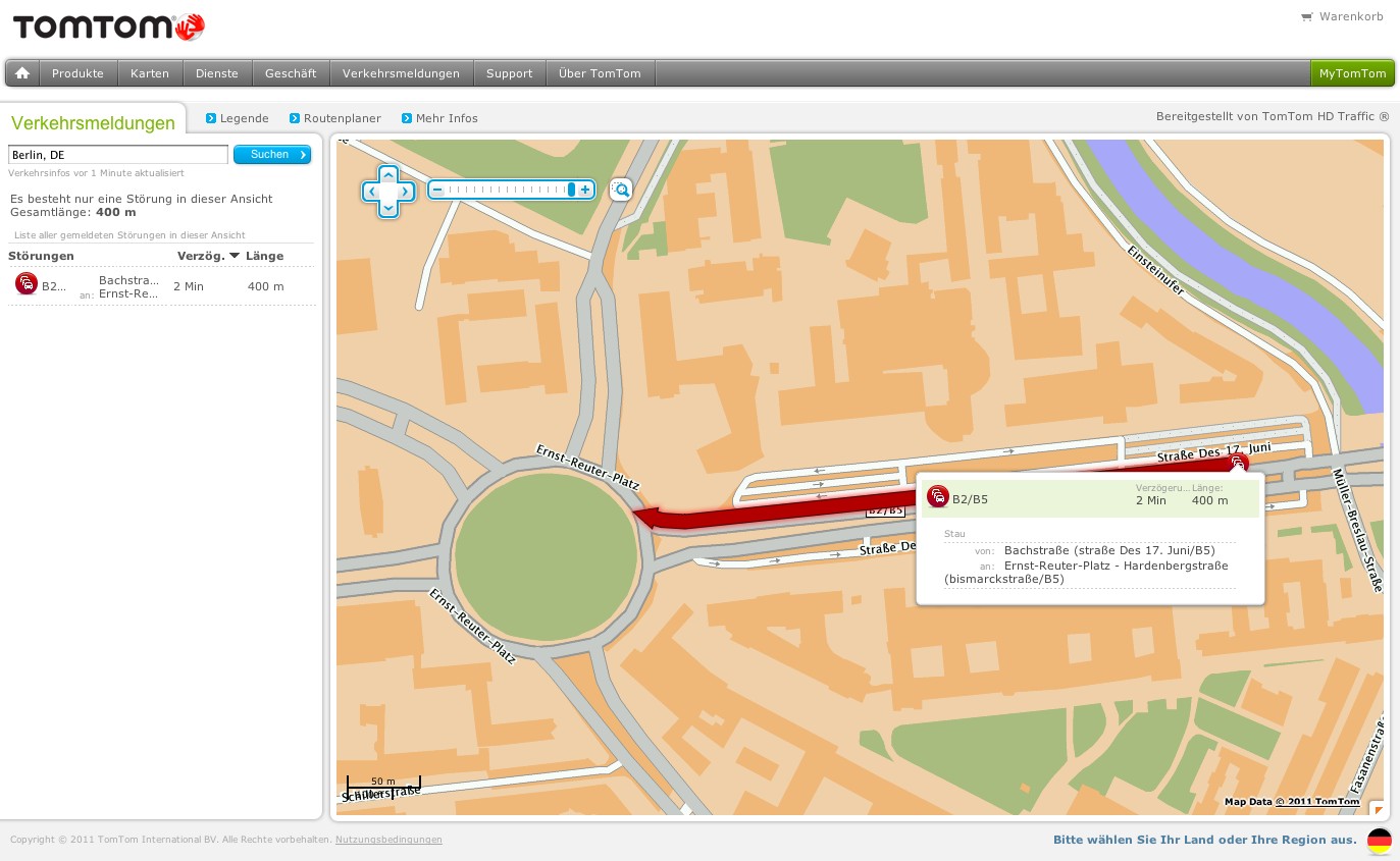 TomtomVerkehrsmeldungen seite zeigt aktuelle Verkehrslage (Update