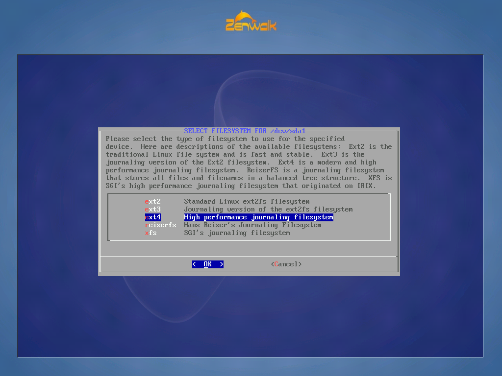 Zenwalk 7.0 benutzt das Dateisystem Ext4 als Standard.