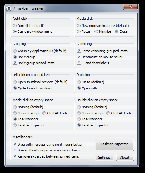 Konfigurationsdialog von 7 Taskbar Tweaker