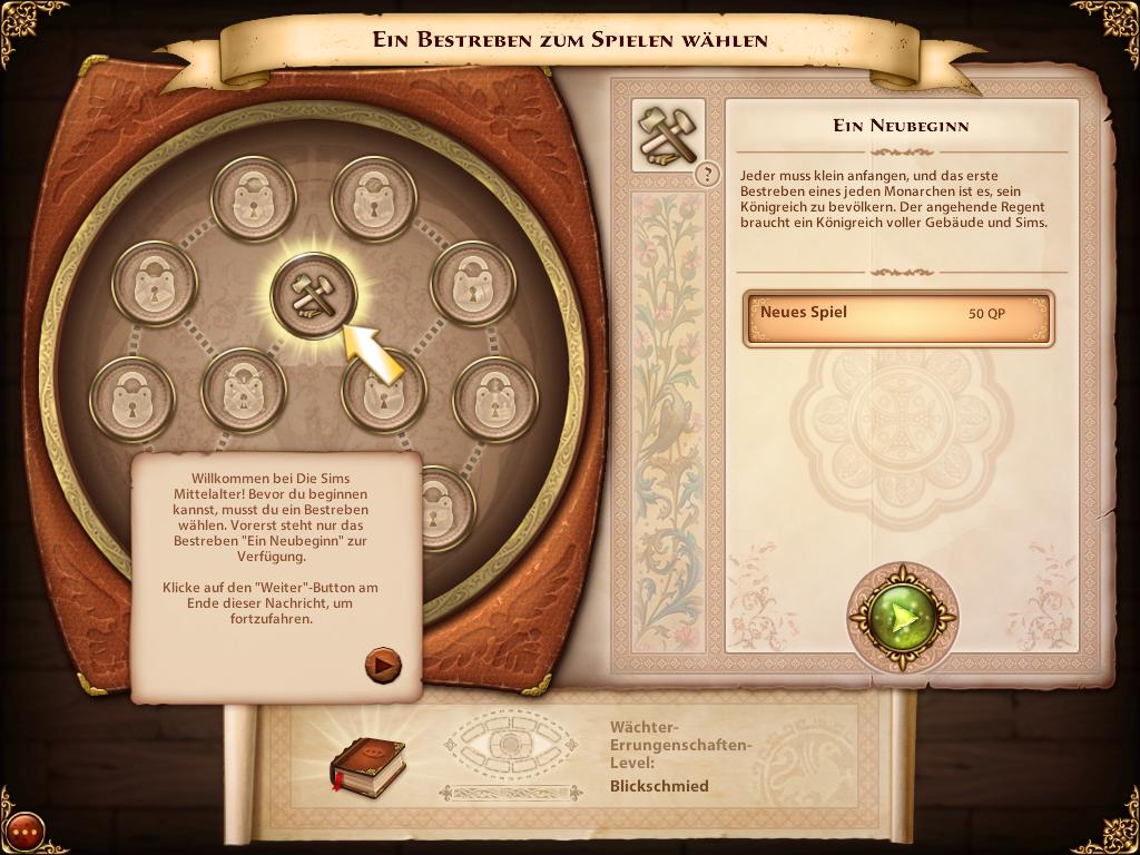 Vor dem Start wählt der Spieler sein Begehren, also sein Ziel.