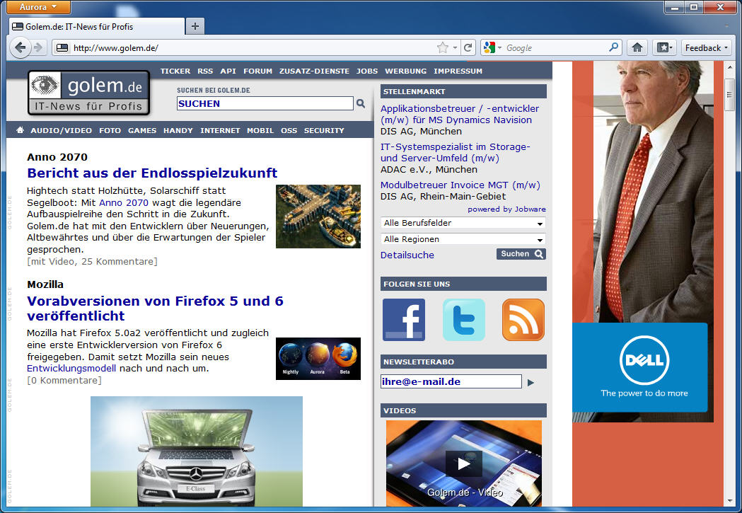 Golem.de in Firefox 5.0a2