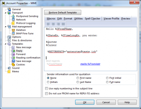 Hier lassen sich generelle Templates definieren, beispielsweise f&uuml;r Antworten. Solche Templates k&ouml;nnen auch f&uuml;r Kontakte oder Ordner angelegt werden.