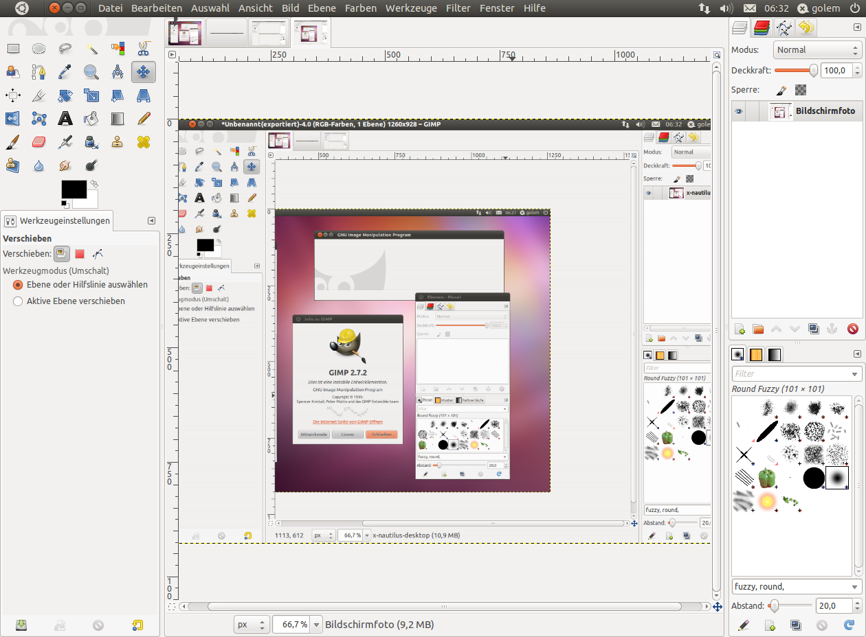 Dort werden mehrere geöffnete Fenster als Tabs angezeigt. 
