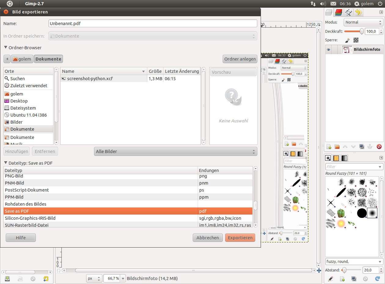 Bilder können ab Gimp 2.7.2 im PDF-Format exportiert werden.