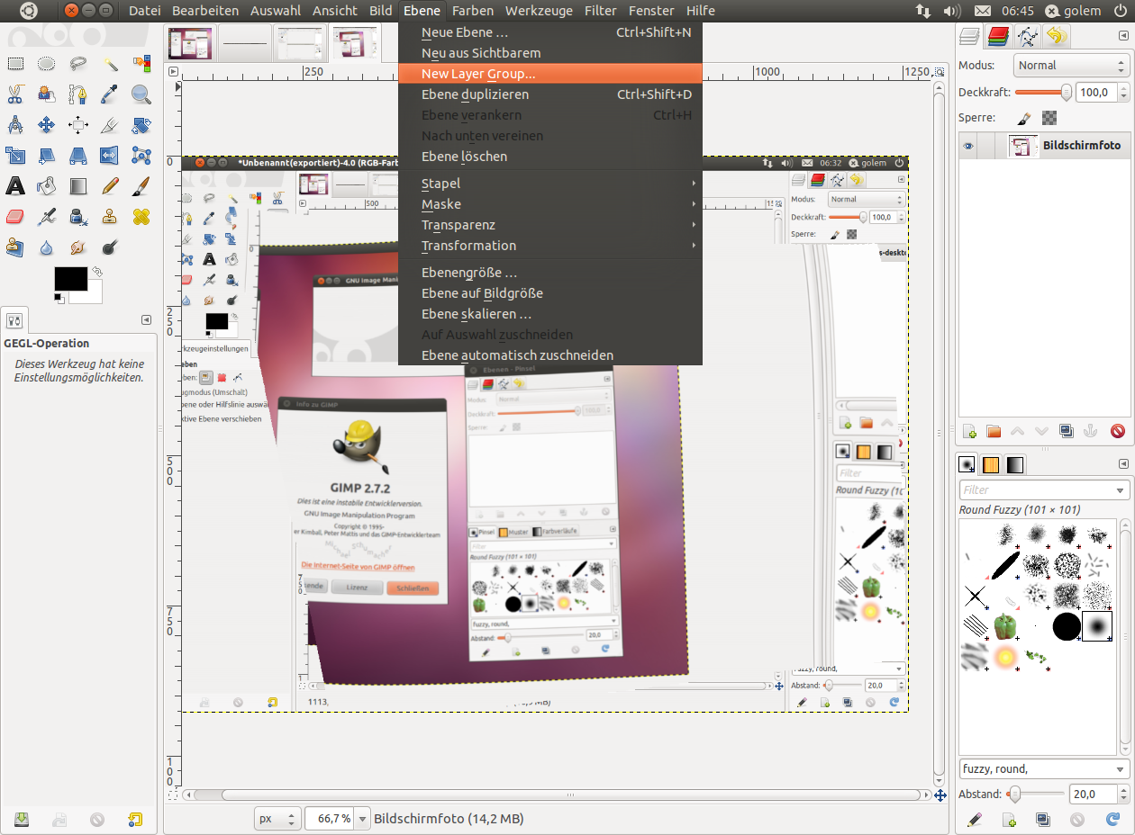 In Gimp 2.7 können Ebenen zu Gruppen zusammengefasst werden.