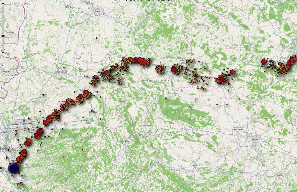 Eine Reise zur Gamescom 2010. Gut zu sehen: Es gibt fehlerhafte Ortungen bei der Autofahrt von Berlin nach Köln. In Osnabrück waren wir beispielsweise nicht.