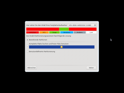 Das Partitionierungstool legt automatisch eine Root- und eine Homepartition an.