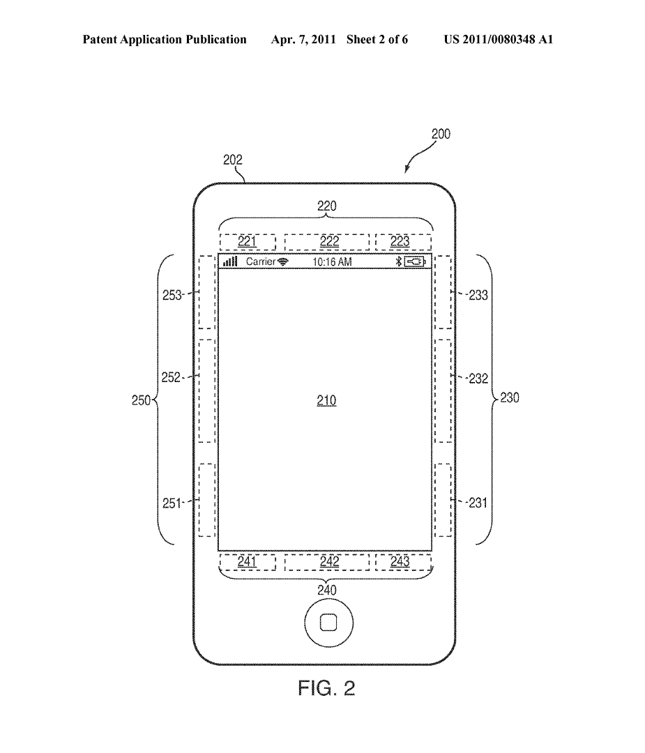 Apples Patentantrag 20110080348 zeigt ein iPhone mit Zweitdisplay für Buttondarstellung. (Bild: Apple/US-Patentamt)