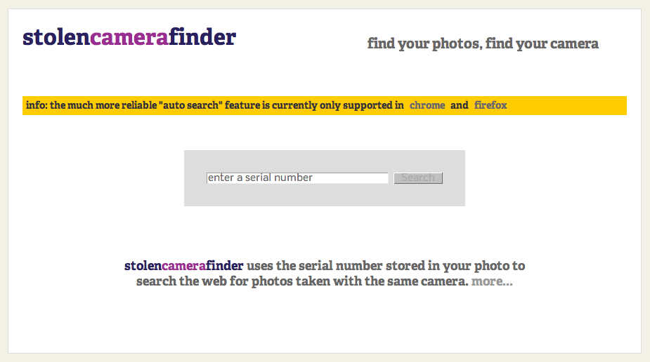 stolencamerafinder.com - Eingabe der Seriennummer