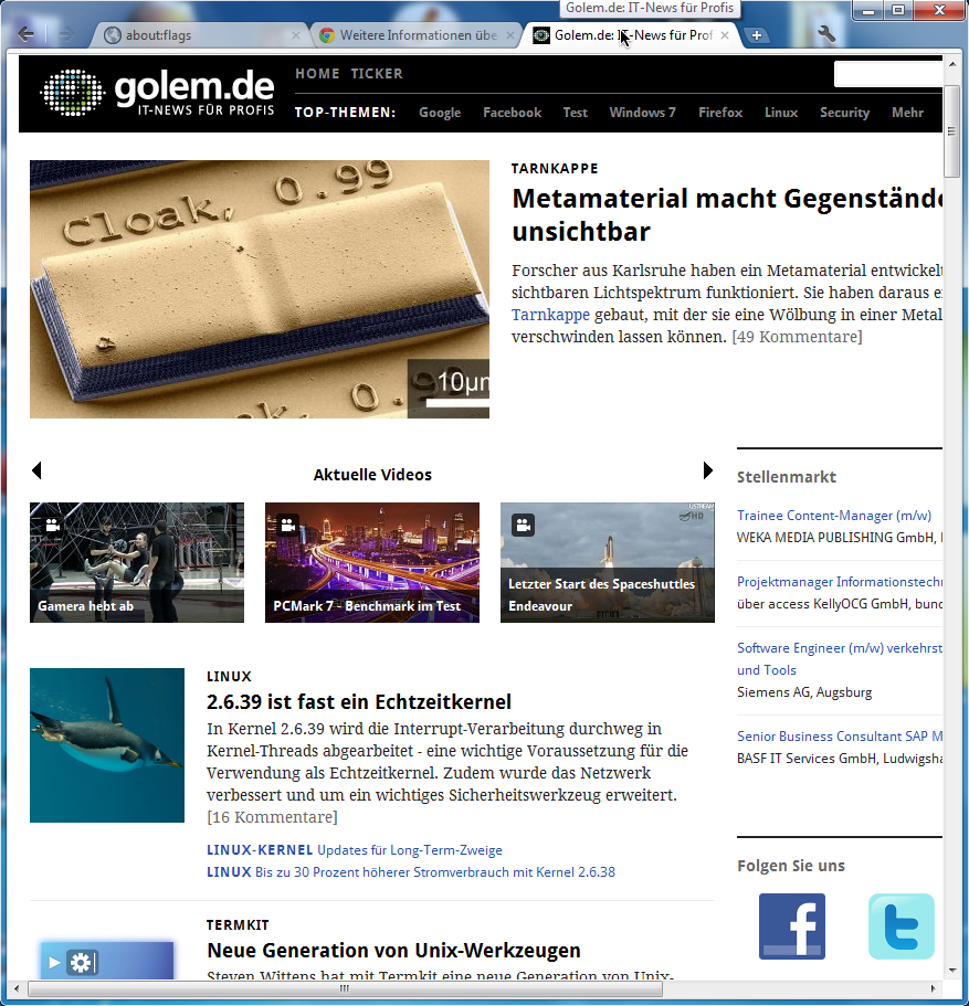 Compact Navigation in Chrome Canary - ausgeblendete Adresszeile