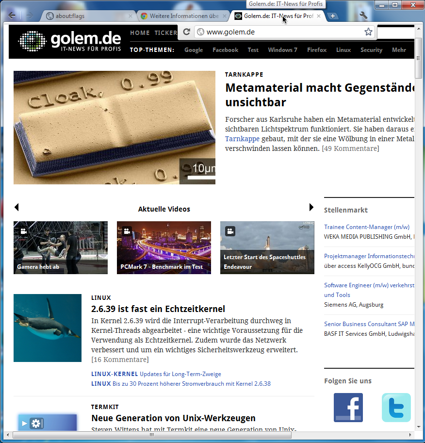 Compact Navigation in Chrome Canary - eingeblendete Adresszeile