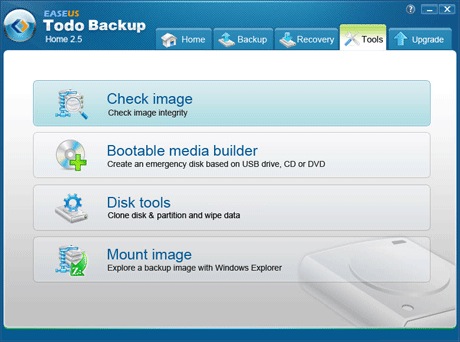 Easeus Todo Backup 2.5 - Oberfläche mit Werkzeugauswahl