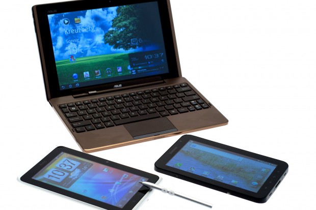 Im Hintergrund Asus' Android-3-Tablet Transformer Links unten HTCs Flyer...