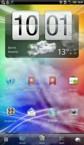 Wer den Flyer normal entsperrt, bekommt eine hübsche Wetteranimation zu sehen. Leichte Berliner Bewölkung schränkt die Sicht aufs Tablet ein.