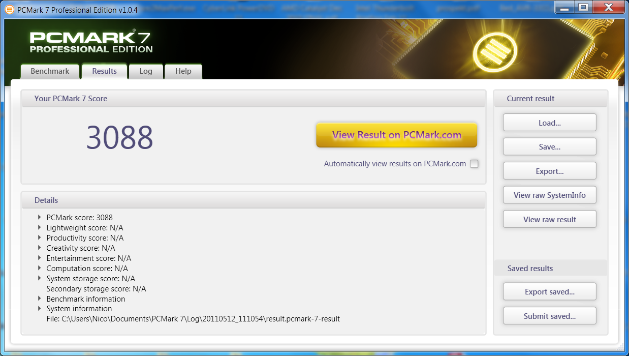 Ergebnis auf Core i7-860, 12 GByte RAM, Radeon HD 6950, Seagate Momentus XT 