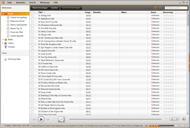 Kies importiert zwar Musik aus der  iTunes-Bibliothek, ...