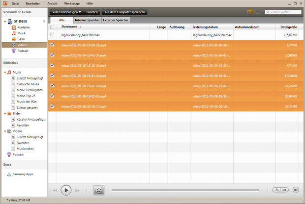 Auf dem Smartphone aufgenommene Videos können entweder über Kies heruntergeladen werden ...