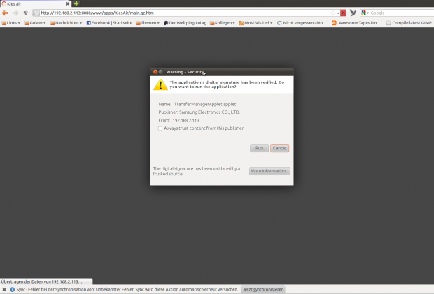 bietet Kies-Air, das auf dem Samsung Galaxy S2 installiert. Der Browser benötigt zunächst ein entsprechende Plugin.