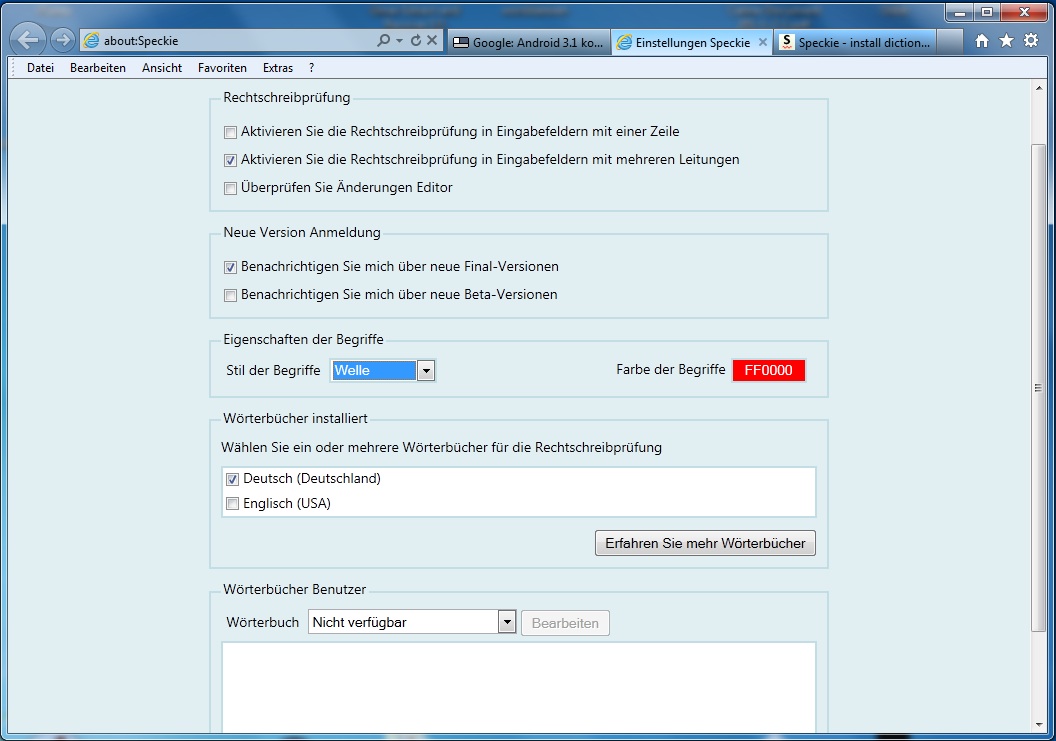 Speckie-Einstellungen mit deutschem Wörterbuch