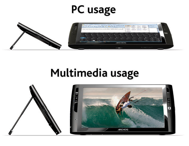 Archos 9 PC Tablet - zwei Aufstellmöglichkeiten mit integriertem Standfuß (Bild: Archos)