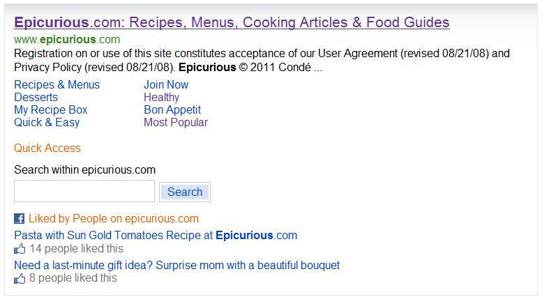 Bing.com zeigt auch, was fremde Facebook-Nutzer auf Websites wie Epicurious.com am meisten mögen. (Bild: Microsoft)