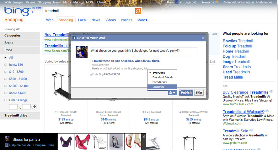 Die persönlichen Einkaufslisten von Bing.com können auf Facebook diskutiert werden. (Bild: Microsoft)