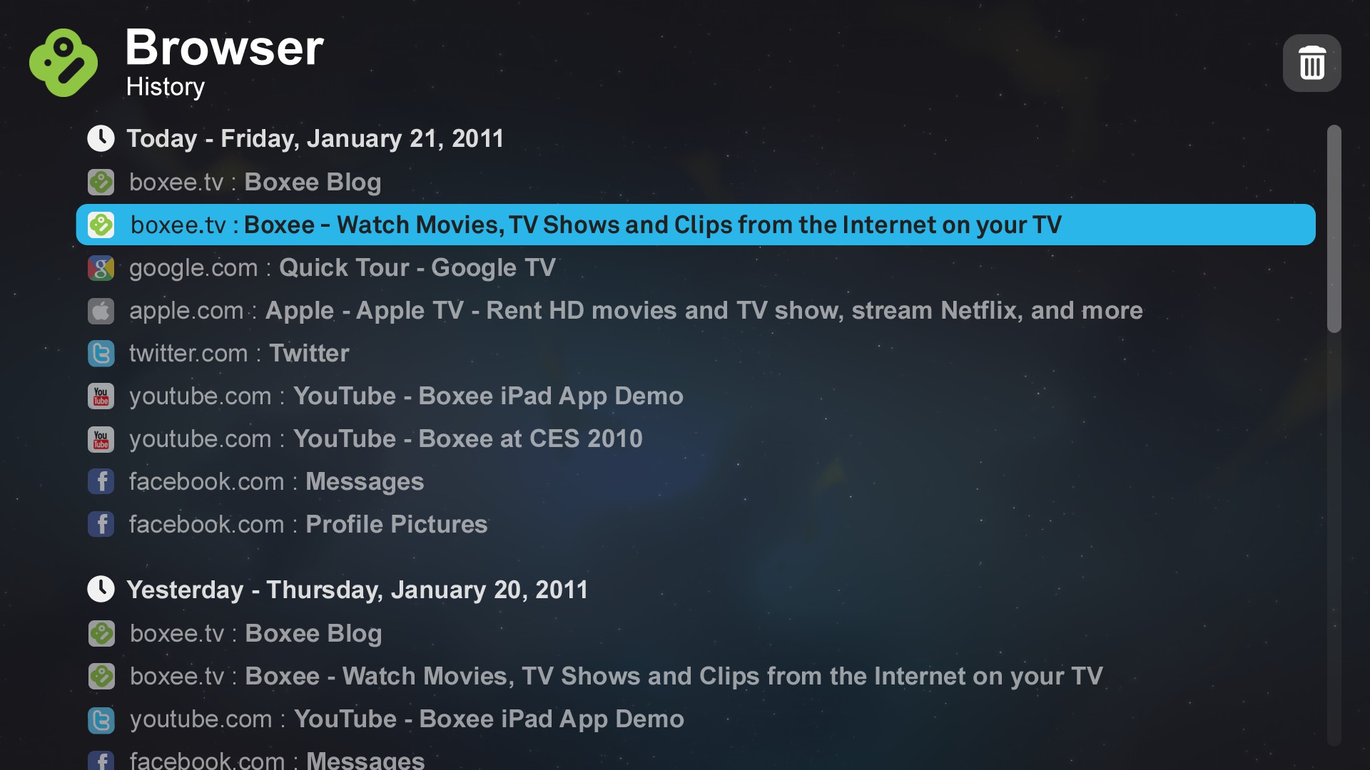 Boxee Box Firmware 1.1 - Link-Historie des Browsers(Bild: Boxee)