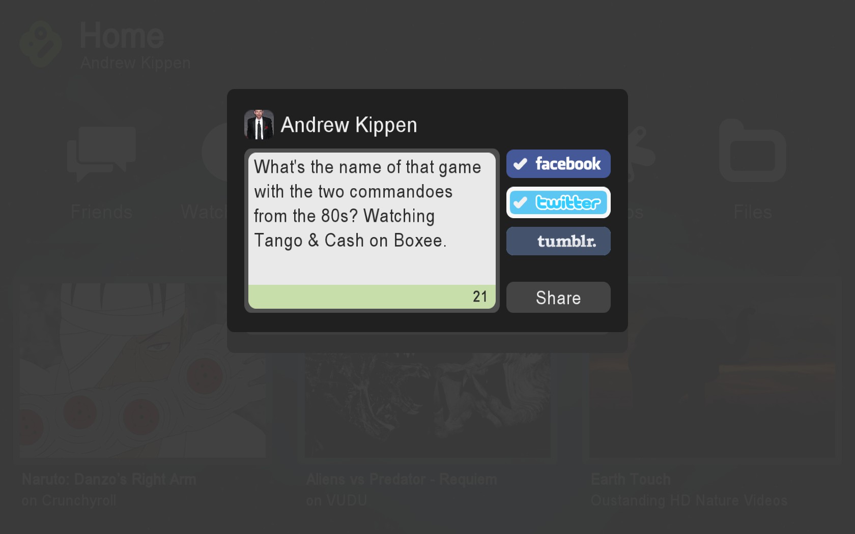 Boxee Box Firmware 1.1 - verbessertes Sharing auf sozialen Netzwerken (Bild: Boxee)
