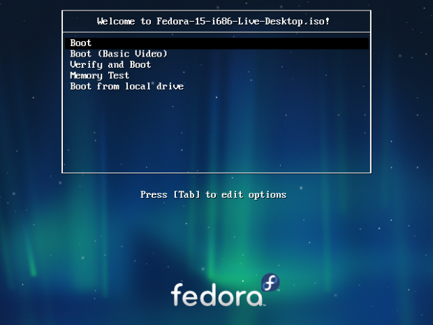 Der Boot-Bildschirm der Live-CD von Fedora 15