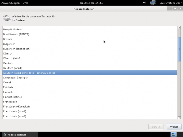 Die Auswahl des Keyboard-Layouts der Installation