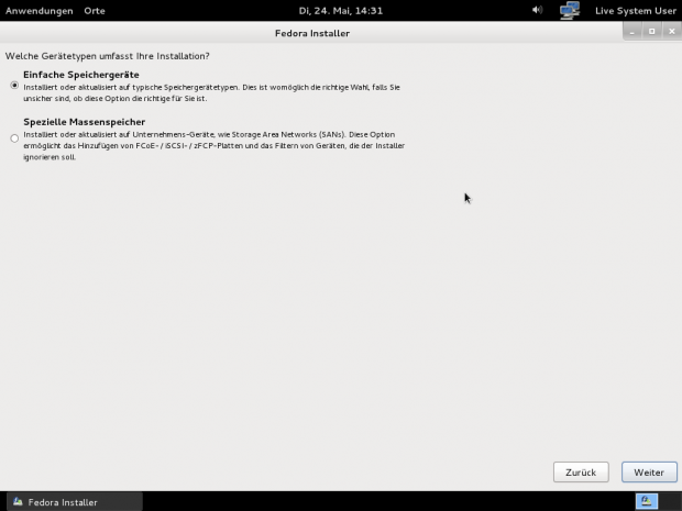 Auswahl der Medien, auf die Fedora 15 installiert werden soll