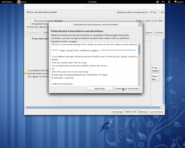 ...mögliche Fehler können direkt an die Fedora-Entwickler gesandt werden.