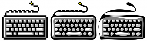 Depixelizing Pixel Art: Bomberman in 32 x 27 Pixeln (links), Vektordarstellung mit dem Algorithmus von Kopf und Lischinski (Mitte) und Adobe Live Trace (rechts)