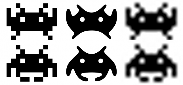 Depixelizing Pixel Art: Space Invaders jeweils in 8 x 11 Pixeln (links), Vektordarstellung mit dem Algorithmus von Kopf und Lischinski (Mitte) und bikubisch (rechts)
