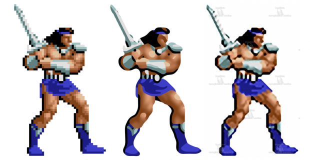 Depixelizing Pixel Art: Axe Battler in 43 x 71 Pixeln (links), Vektordarstellung mit dem Algorithmus von Kopf und Lischinski (Mitte) und Photo Zoom 4 (rechts)